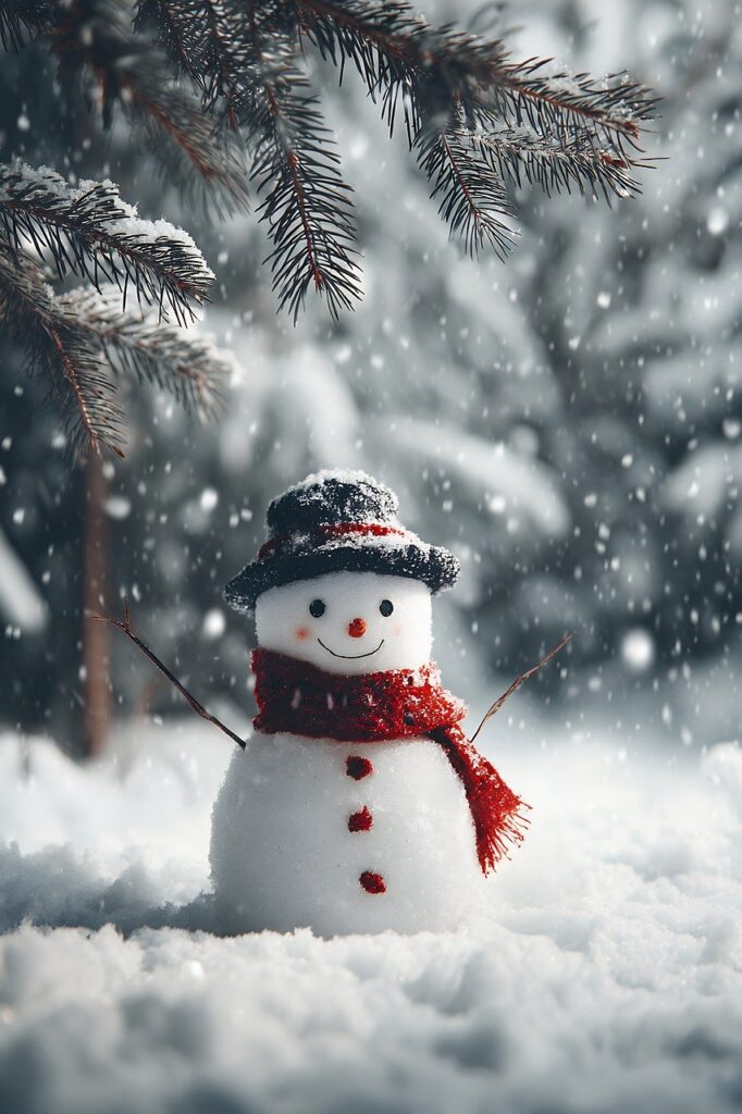 snowman, snow, winter, holiday, christmas, cute, scarf, hat, red, happy, season, cold, landscape, tree, pine, branch, outdoor, festive, fun, snowdrift, smiling, cheerful, celebration, ai generated-10021891.jpg